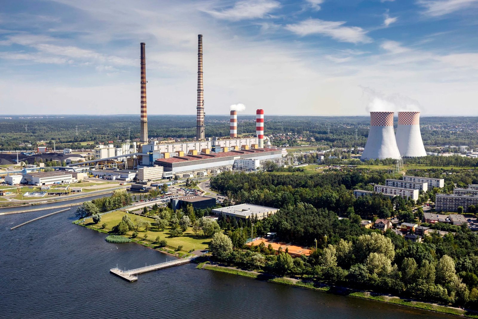 Aerial view of the Rybnik power plant - stacks and cooling towers